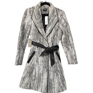 bebe B&W Herringbone Wrap Coat | Size Small |faux Leather Trim Belted Coat | NWT